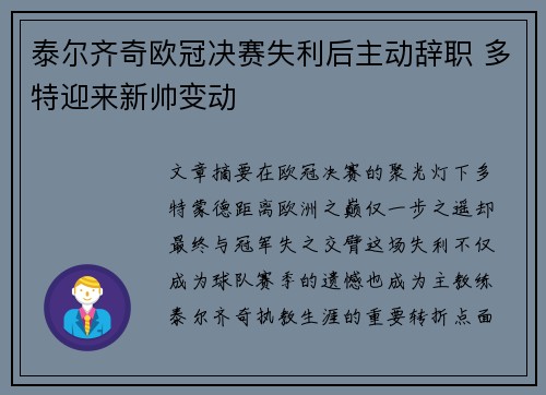 泰尔齐奇欧冠决赛失利后主动辞职 多特迎来新帅变动