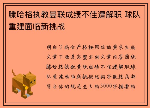 滕哈格执教曼联成绩不佳遭解职 球队重建面临新挑战