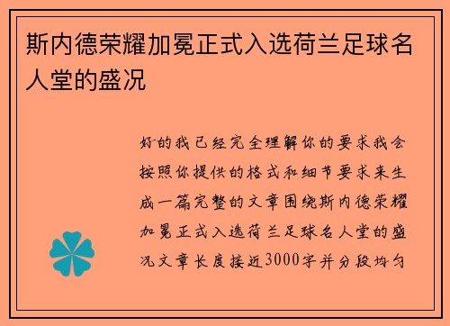 斯内德荣耀加冕正式入选荷兰足球名人堂的盛况